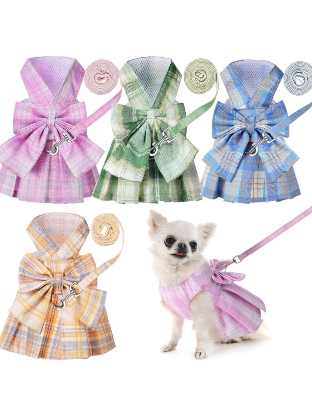 Adorable Plaid Dog Dresses - 4 Pack, XS Size, 11" - Stylish Light Color Outfits